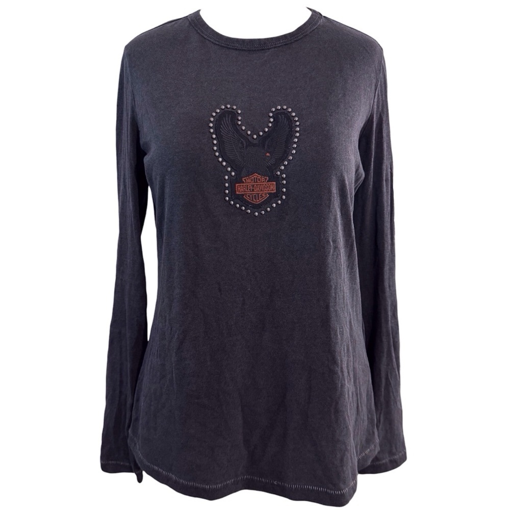 Harley-Davidson 2017 Studded Logo Patch Long Sleeve T-Shirt Black Grey Medium